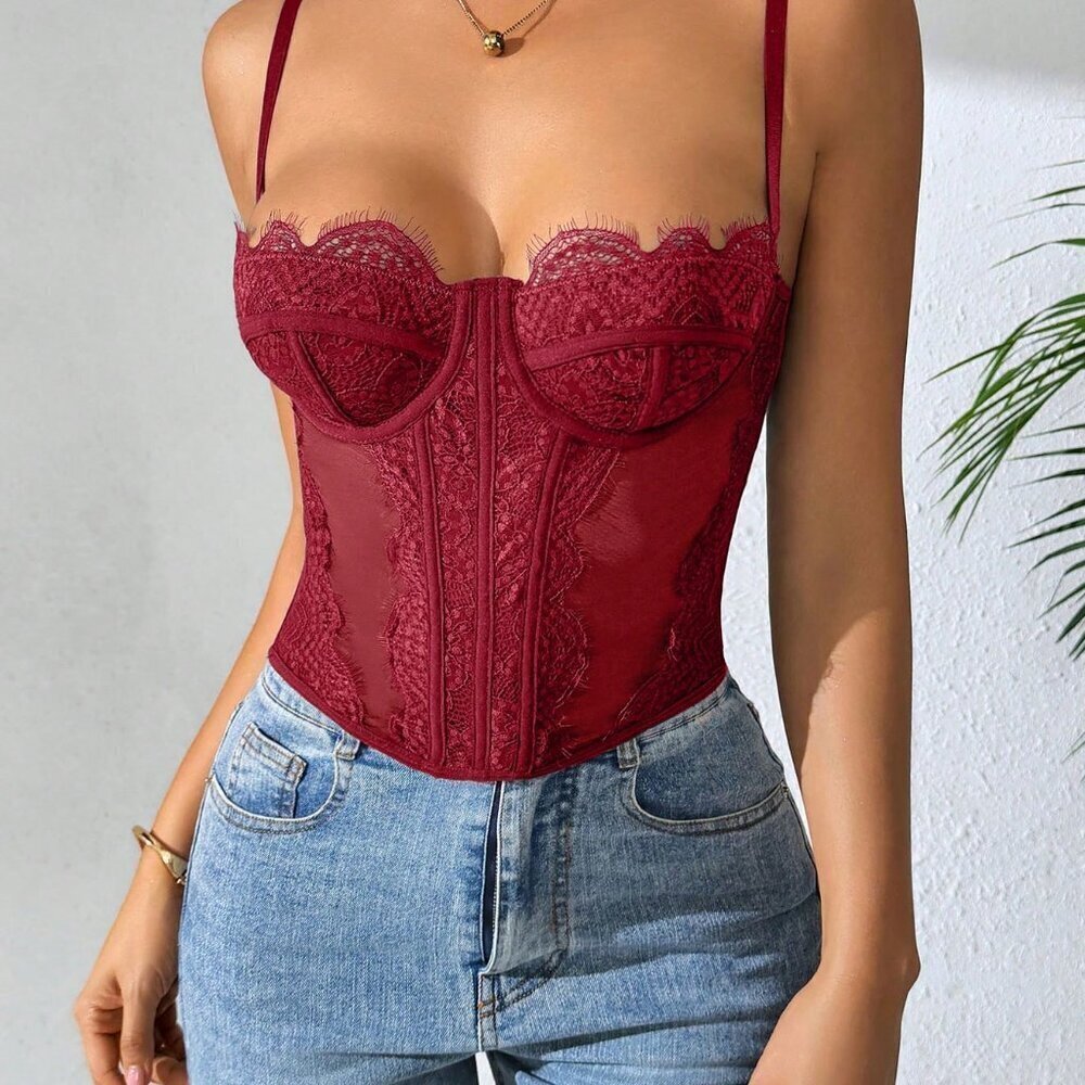 Burgundy Elegant Sexy Women's Bodycon Lace Trim Bustier Top